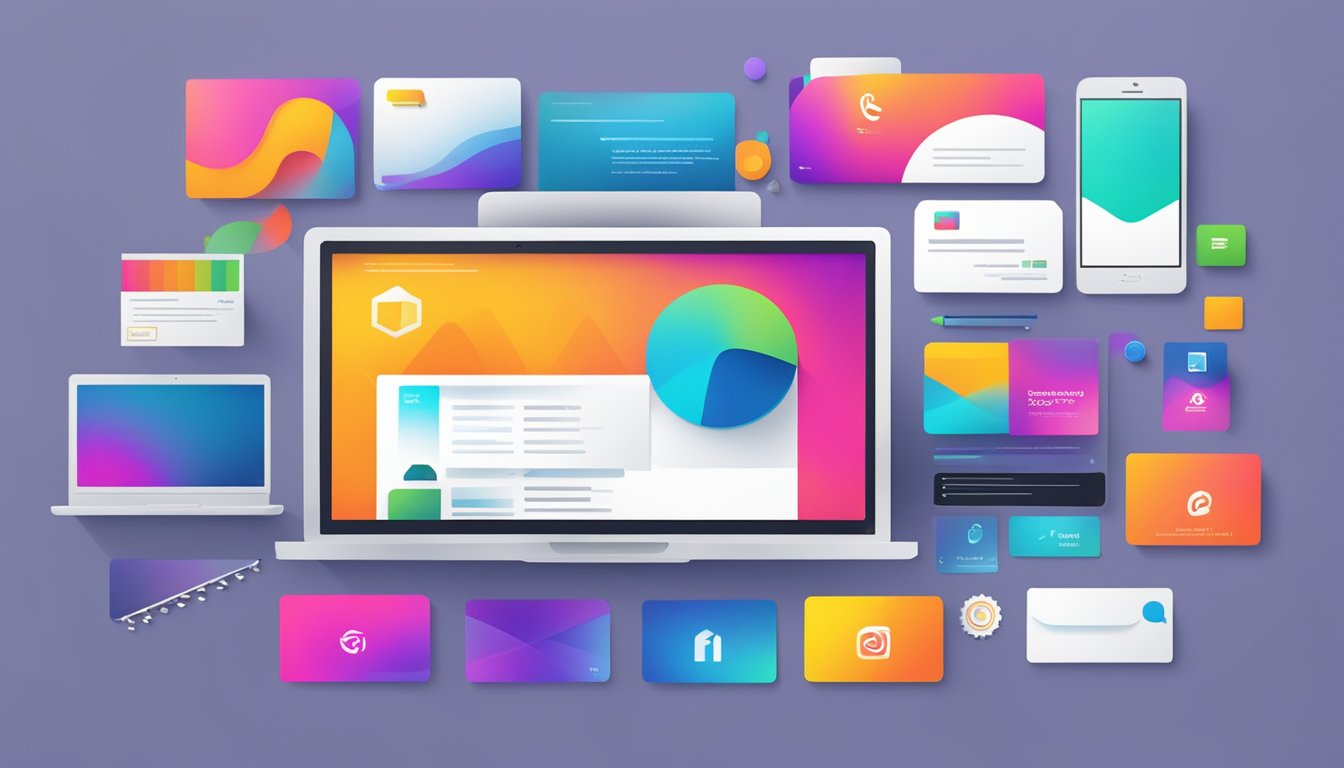A computer screen displays a sleek and modern logo with vibrant colors, surrounded by various marketing materials such as business cards, brochures, and social media posts