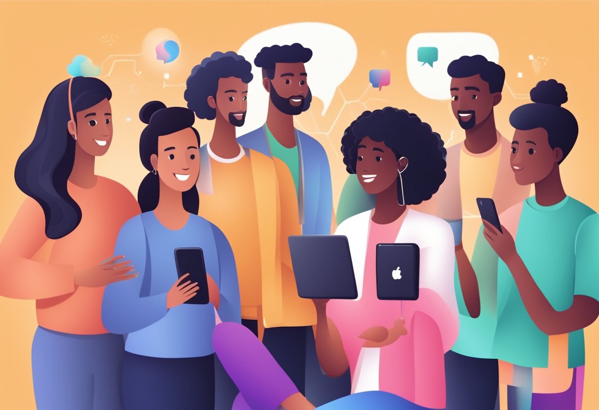 A group of diverse people engage in conversation and share content on various social media platforms, connecting and interacting with each other online