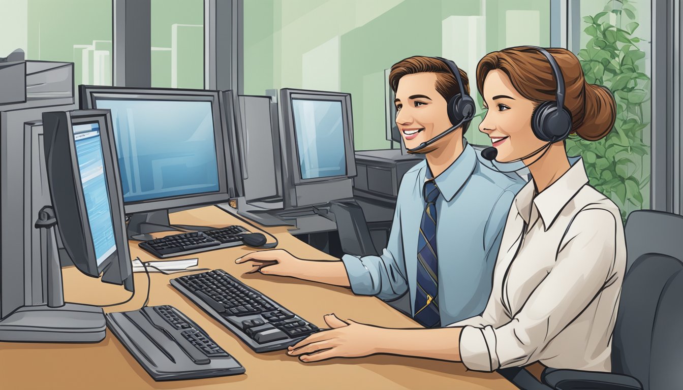 A customer service representative assists a client on a computer screen