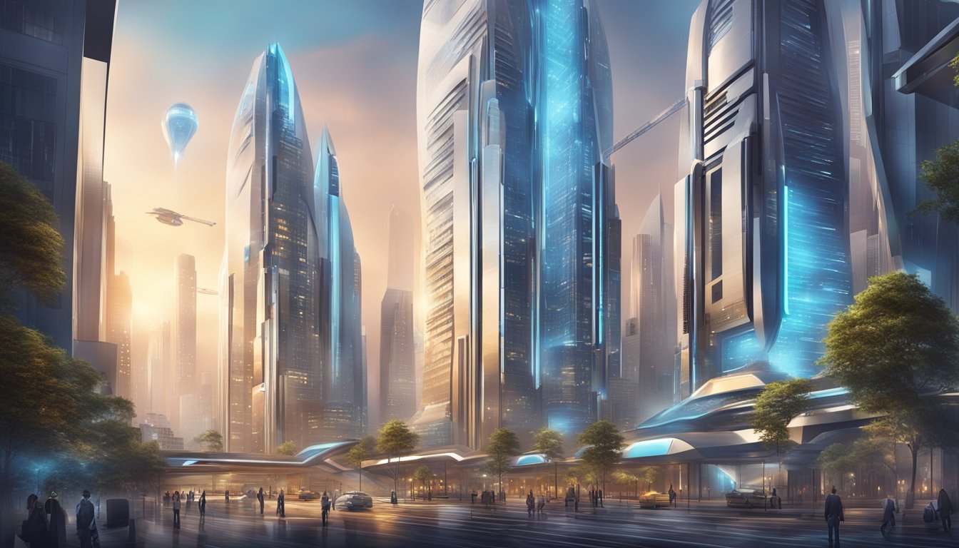 A futuristic cityscape with advanced technology and sleek design elements, showcasing the cutting-edge trends in marketing management