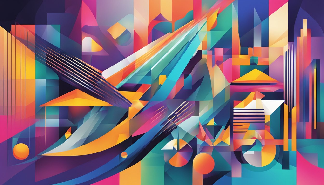 A vibrant, abstract composition of geometric shapes and lines representing the significance of logo design