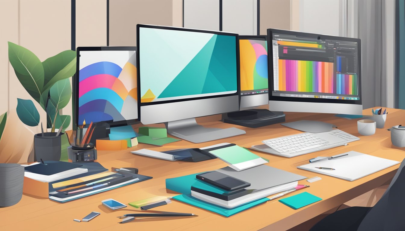 A graphic designer's desk with tools and software