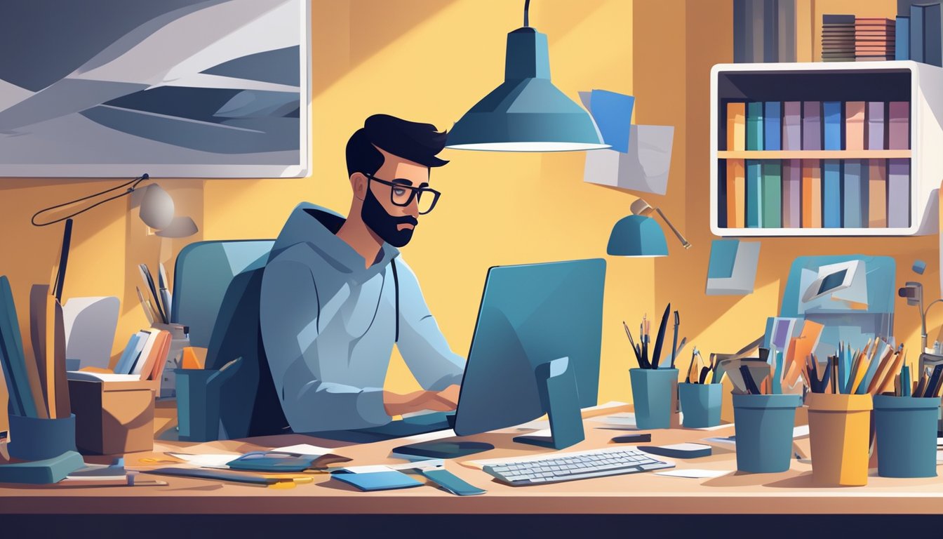 A graphic designer at work, surrounded by a cluttered desk, computer, and design tools. Bright light illuminates the space, casting shadows