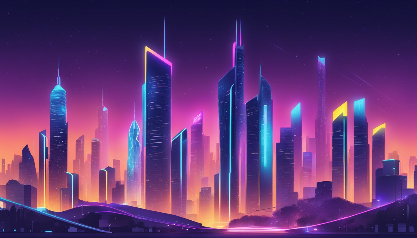 A futuristic cityscape with sleek, towering buildings and digital billboards displaying various domain names. The skyline is illuminated with vibrant neon lights, creating a dynamic and cutting-edge atmosphere