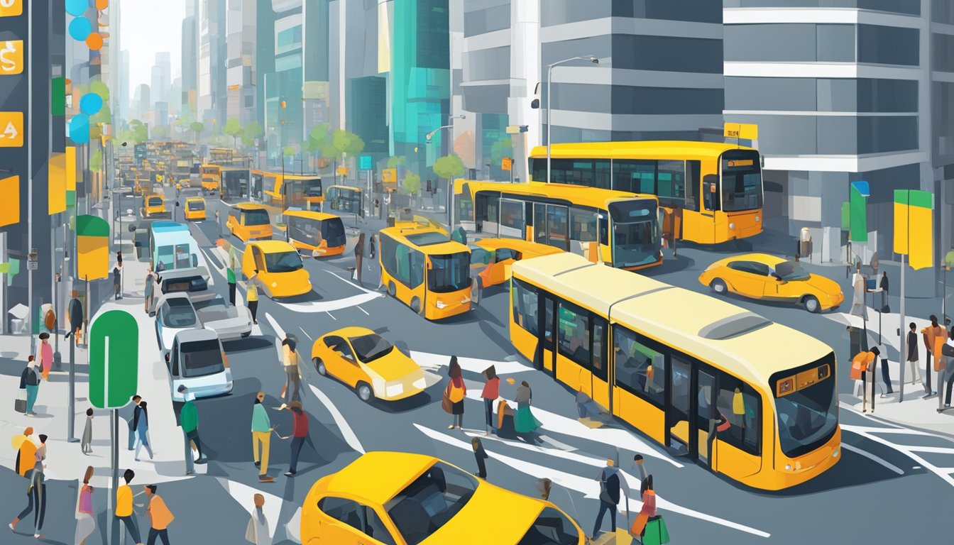 A bustling city street with cars, buses, and pedestrians. Traffic lights and road signs are visible, and a digital screen displays analytics data