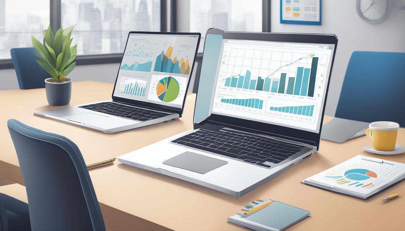A table with charts and graphs, a laptop displaying marketing data, and a whiteboard with strategic plans written on it