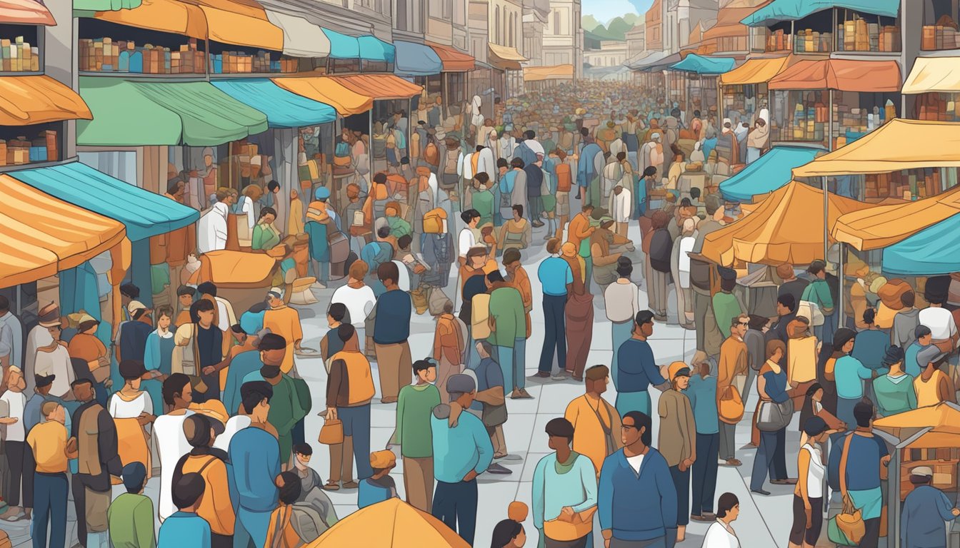 A crowded marketplace with competing vendors showcasing their products and vying for the attention of customers