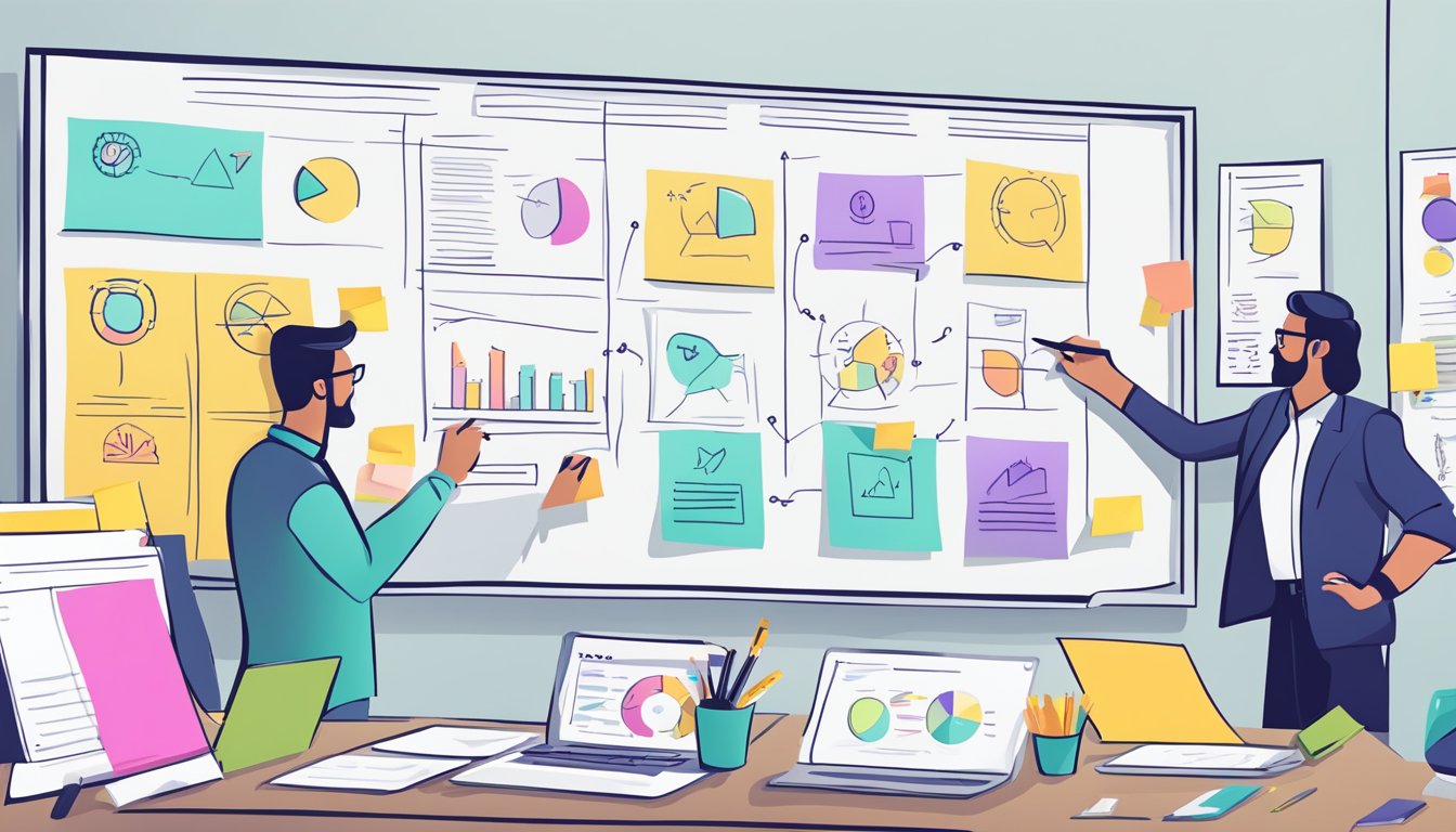 A strategic marketing plan being brainstormed on a whiteboard with charts, graphs, and sticky notes