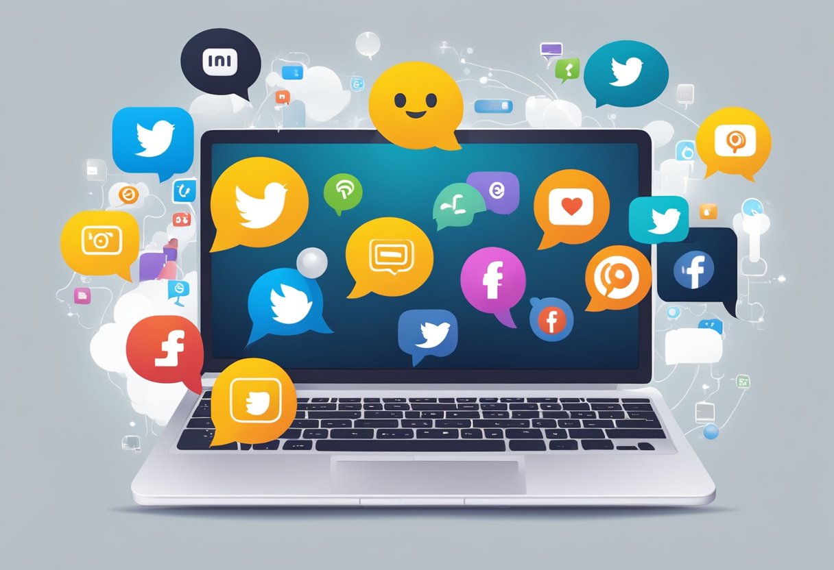 A laptop and smartphone connected by social media icons, with speech bubbles and emojis floating above, representing communication tools