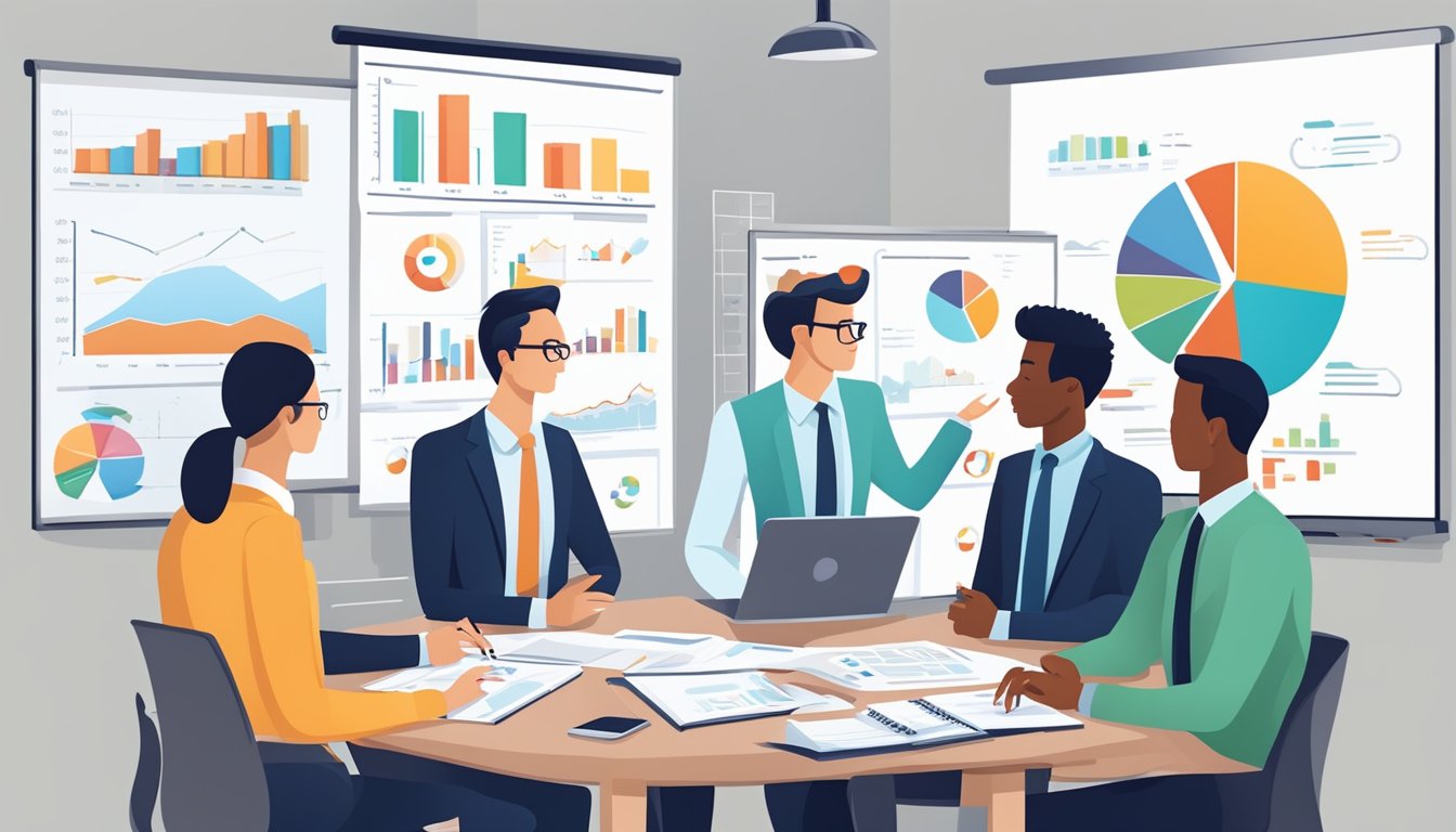 A group of business professionals strategizing and implementing a marketing plan, with charts and graphs displayed on a whiteboard