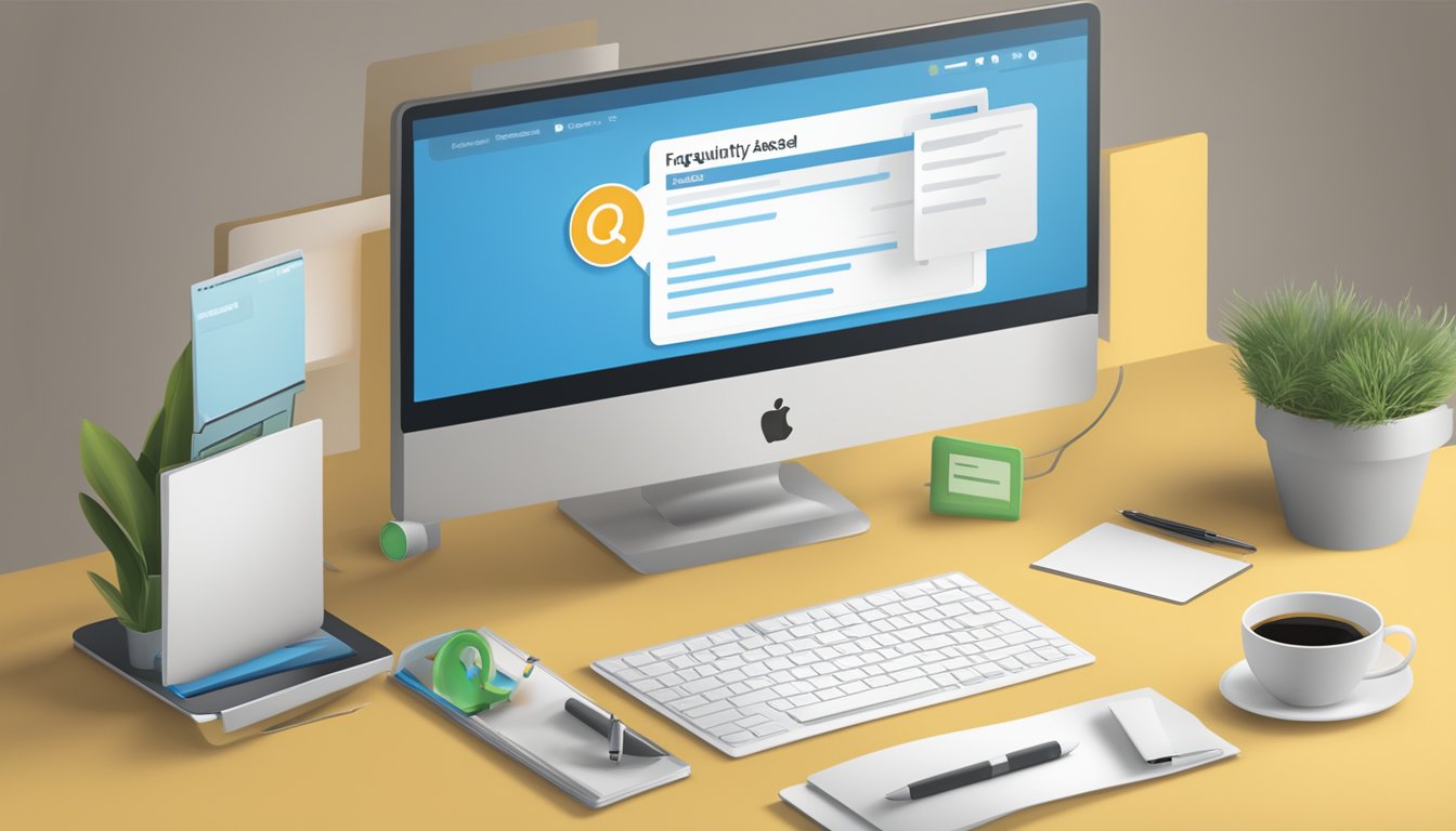 A computer screen displaying a webpage titled "Frequently Asked Questions domenenavn" with a list of questions and answers, a search bar, and a company logo
