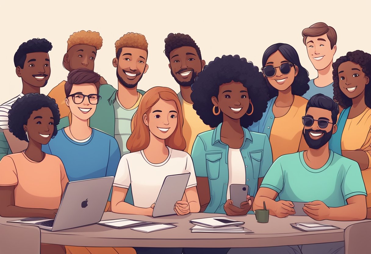 A group of diverse individuals engage in respectful and positive interactions on various social media platforms, following proper etiquette and best practices