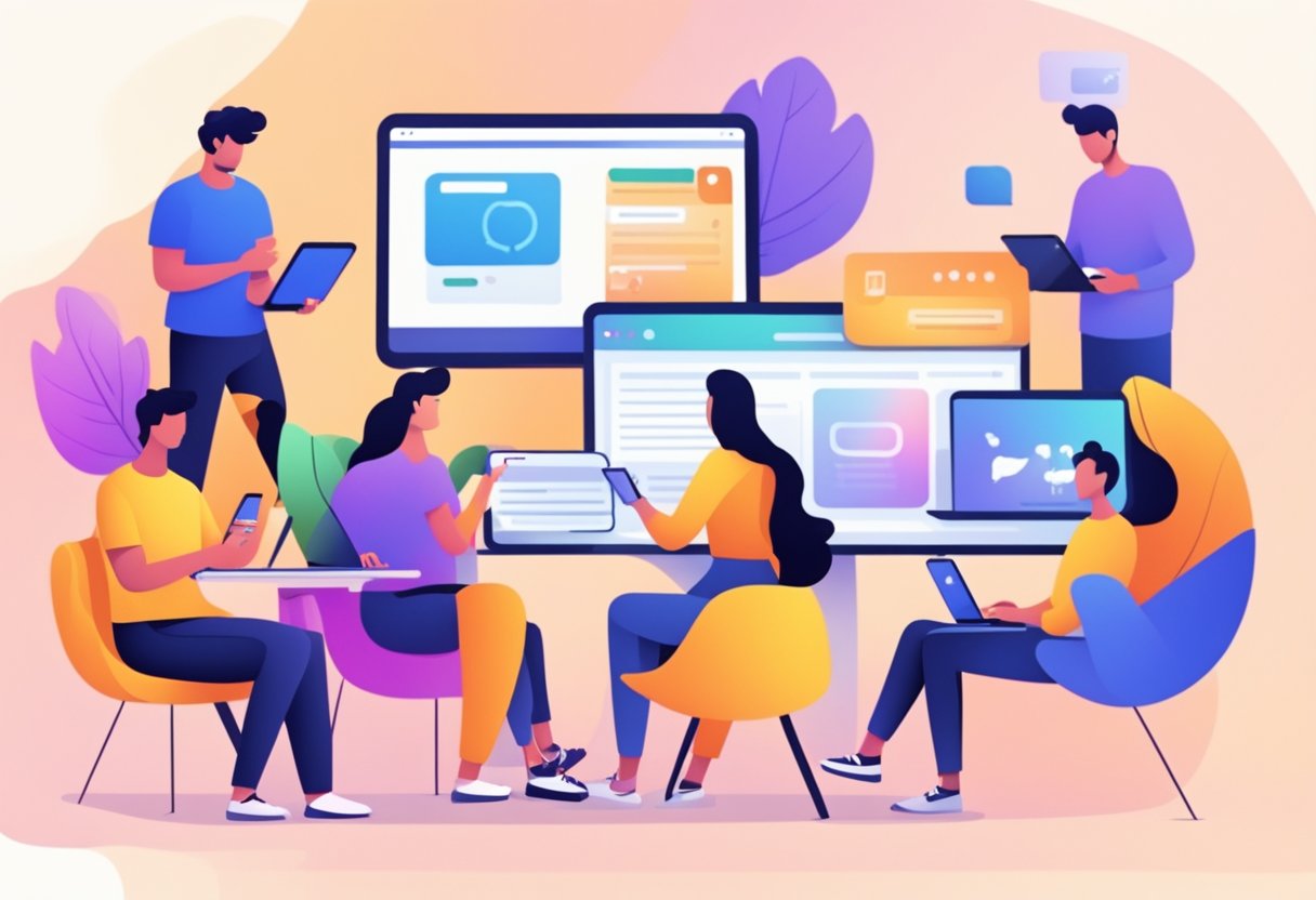 A group of people creating and sharing content on social media, with various devices and platforms visible