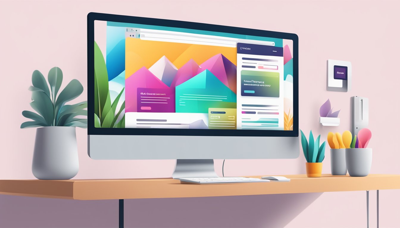 A computer screen displaying a new website design with a sleek and modern layout, featuring clean typography and vibrant colors