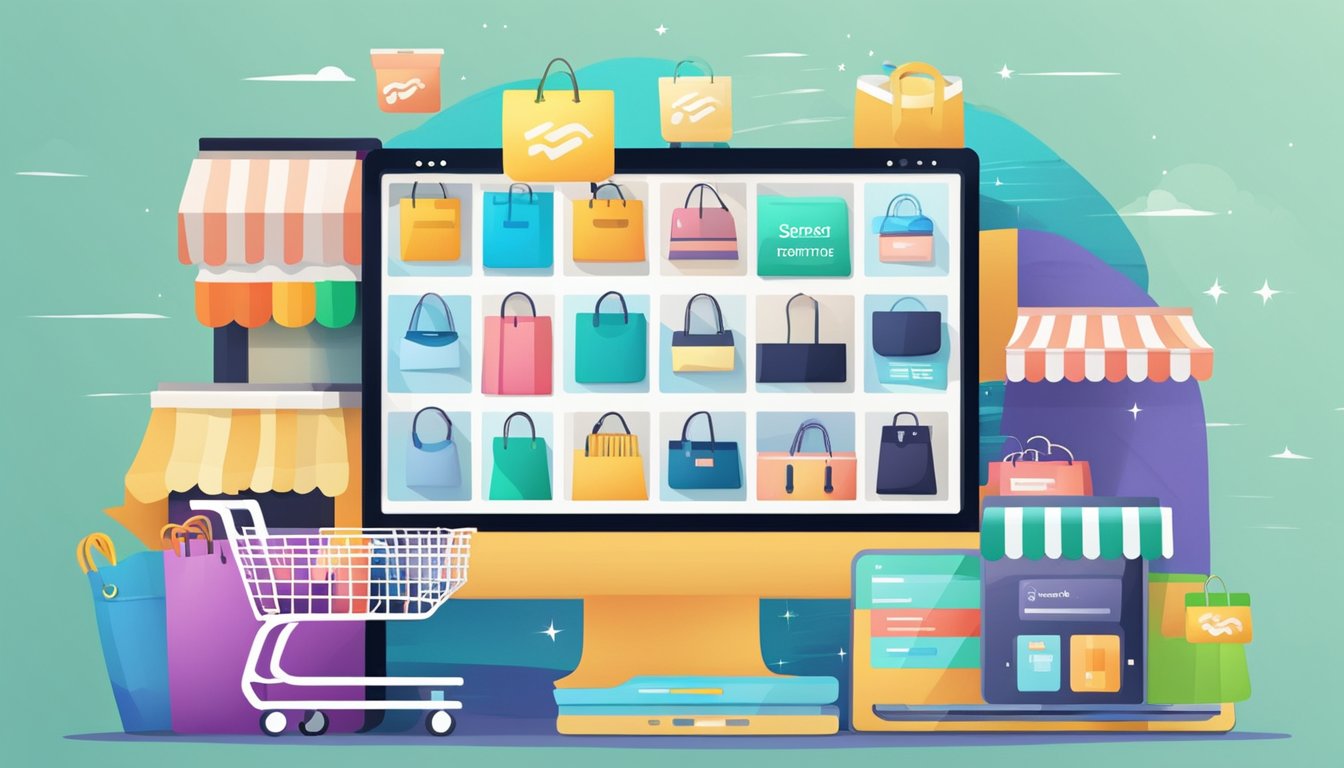 A computer screen displaying various online stores with products and shopping carts