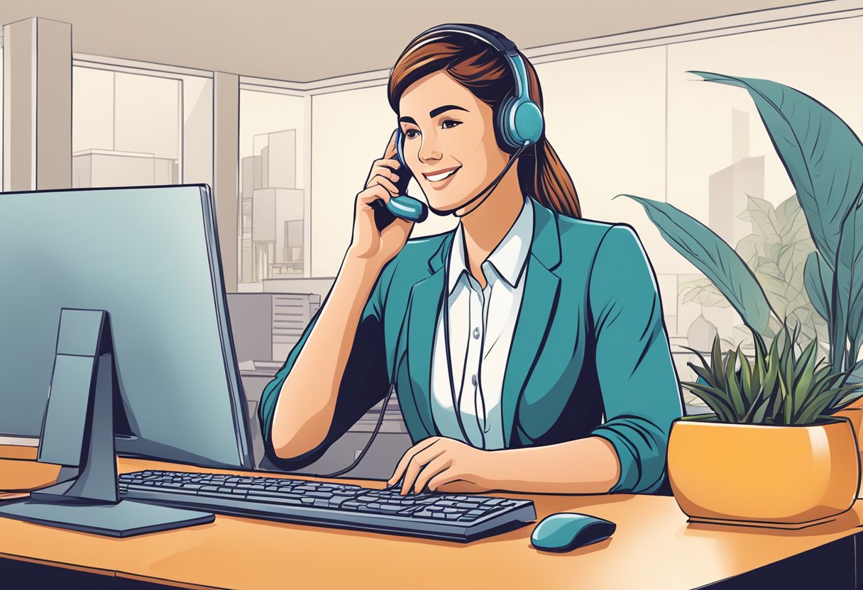 A customer service representative assists a client over the phone, with a computer and headset on the desk