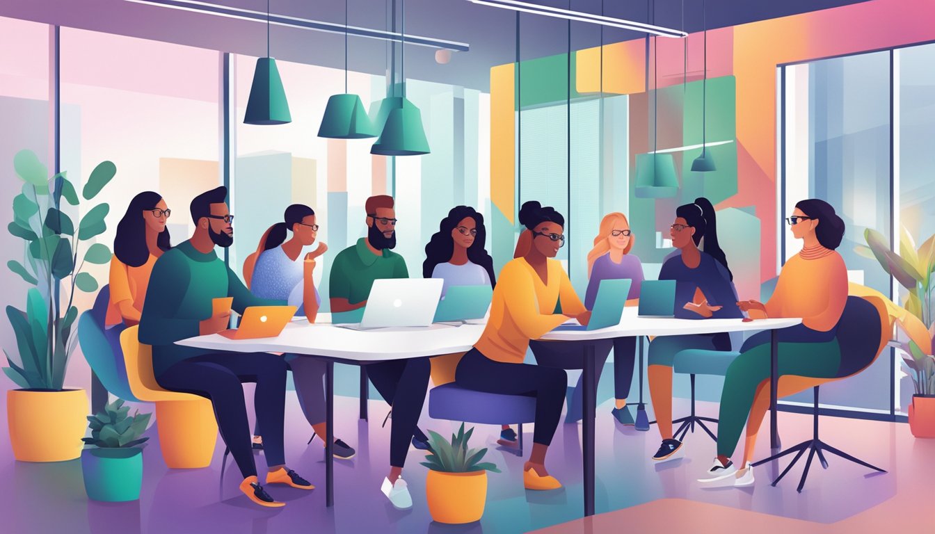 En gruppe ulike individer som brainstormer og samarbeider i et moderne, livlig co-working-rom
