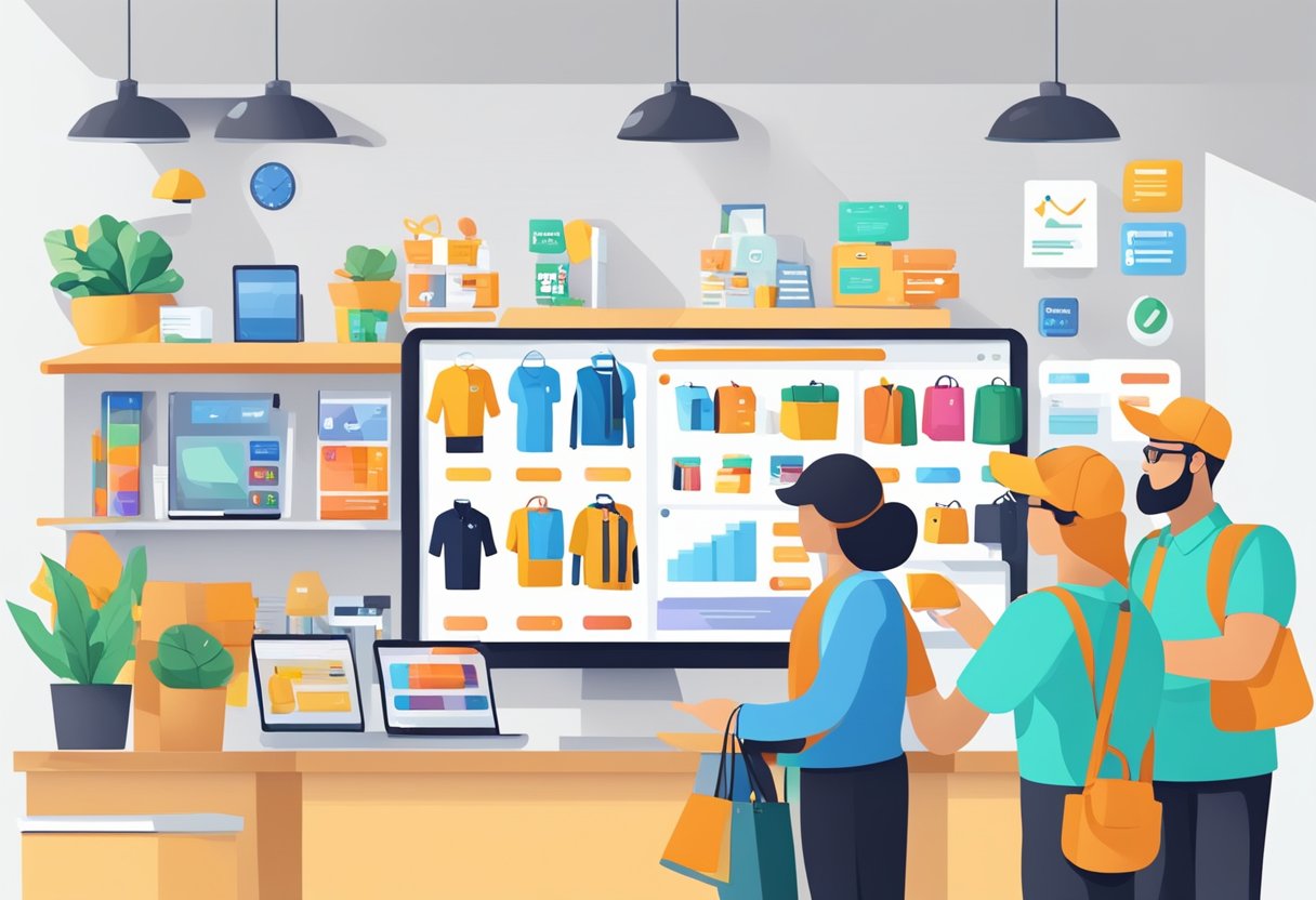 A bustling online store with various marketing strategies for growth. Displayed products, promotions, and customer engagement