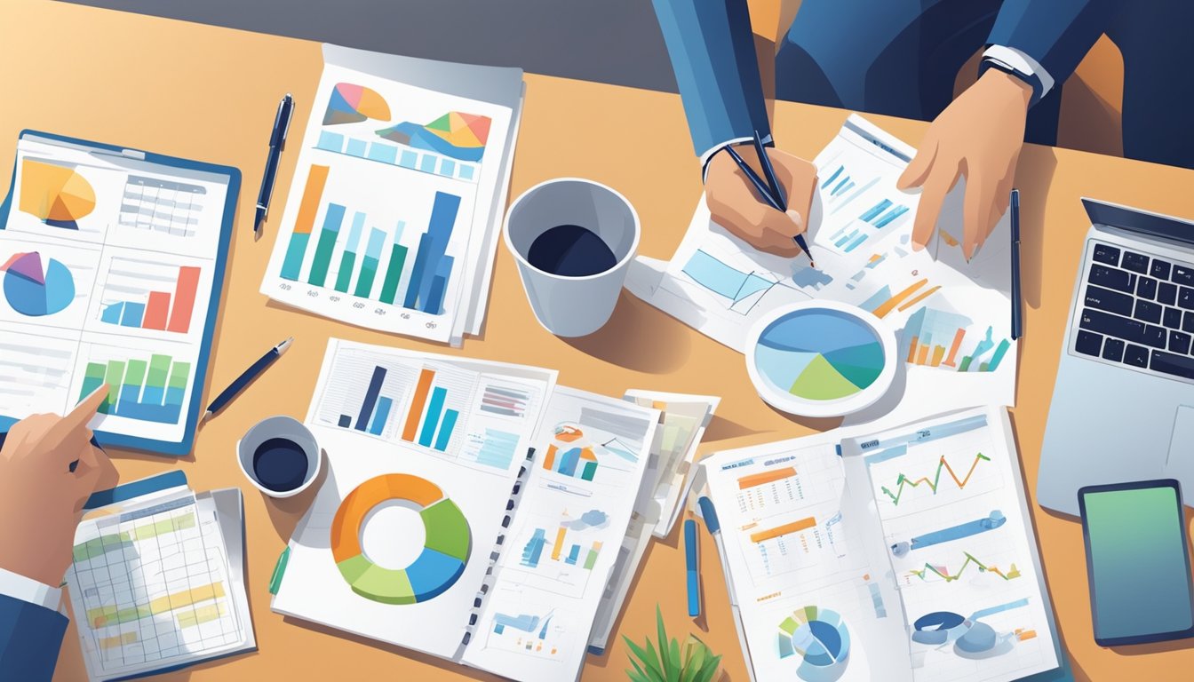 A table with charts, graphs, and a calendar. A person writing notes and brainstorming ideas. Various marketing materials scattered around