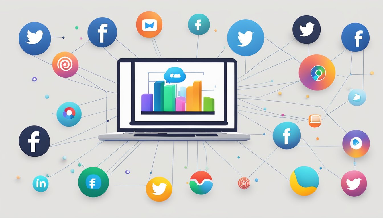 A laptop with social media icons and a graph showing reach