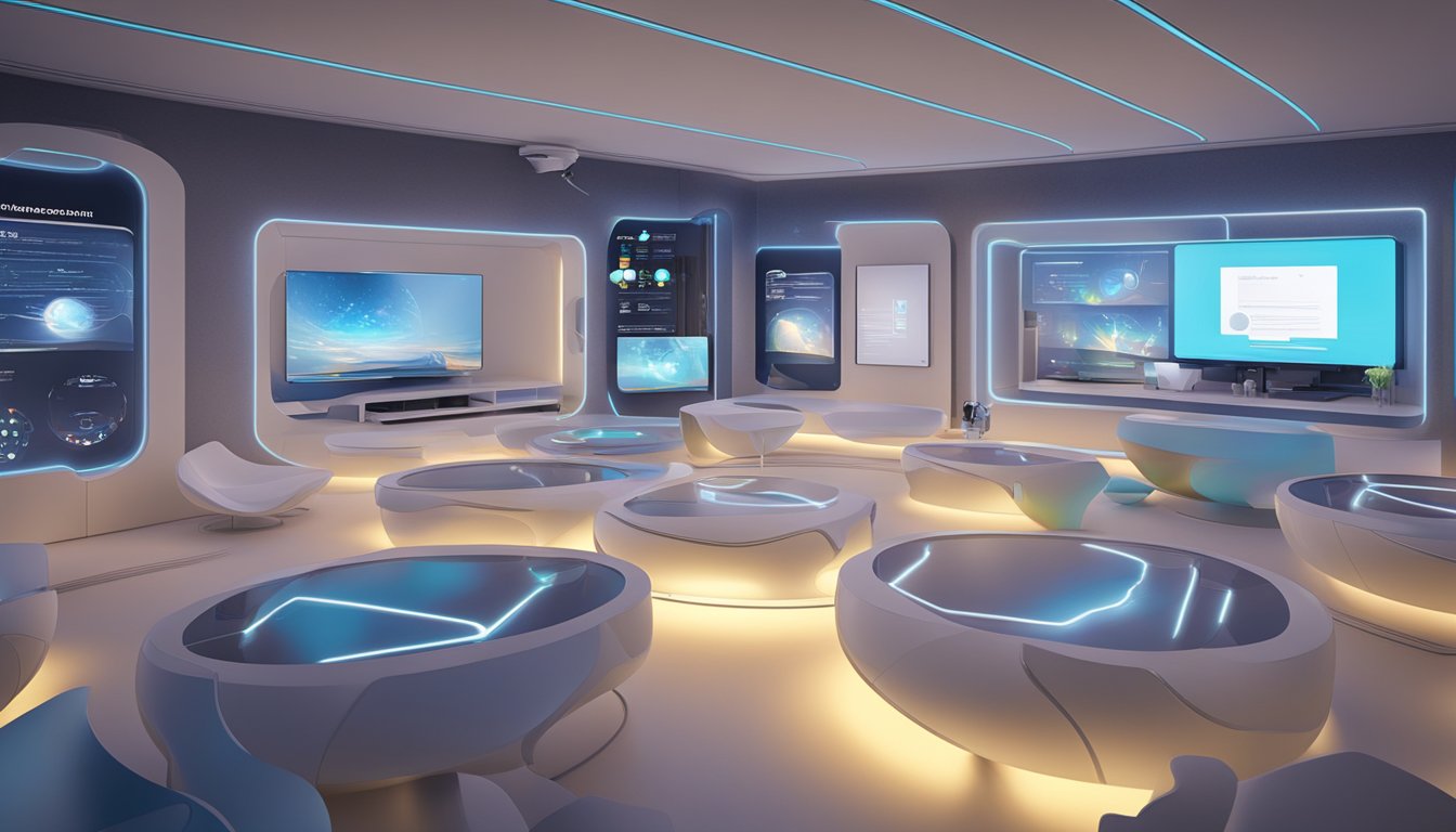 En futuristisk, digital inkubator med virtuelle arrangementer og engasjement, med interaktive skjermer og holografiske projeksjoner