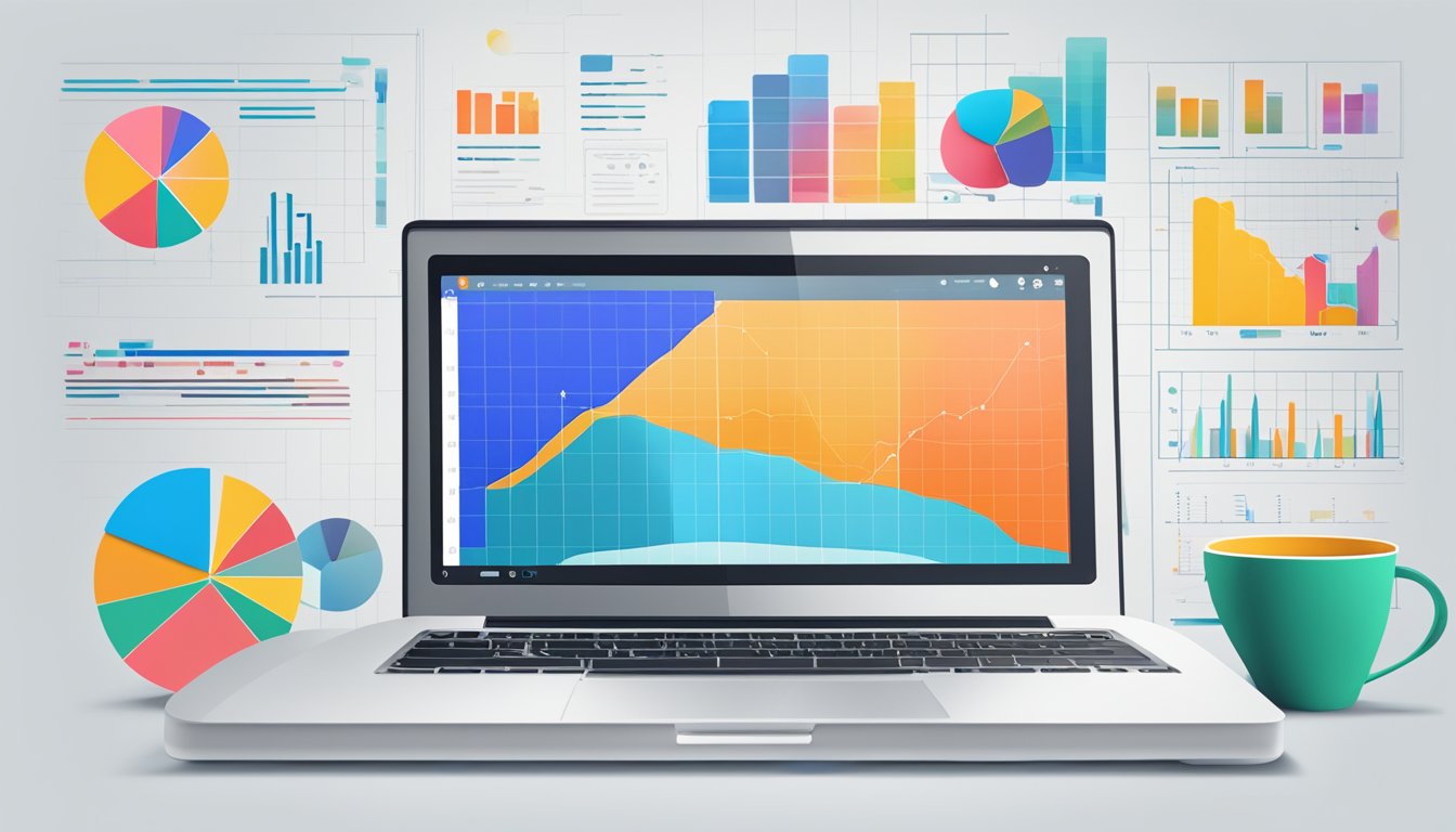 A laptop displaying Trekke Trafikk og Leads' digital marketing campaign with colorful graphs and charts on a sleek desk