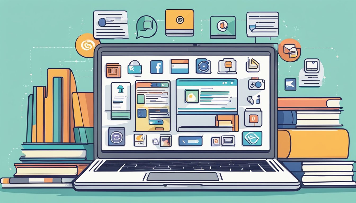 A laptop with social media icons and SEO keywords displayed on the screen, surrounded by various digital devices and a stack of books on marketing