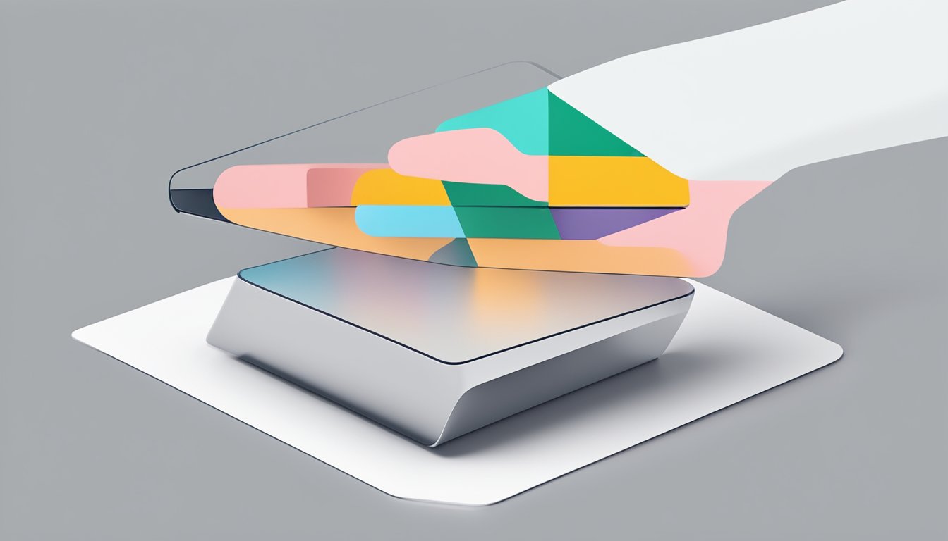 A hand placing a product on a clean, modern display stand with minimalistic branding and a sleek, professional aesthetic