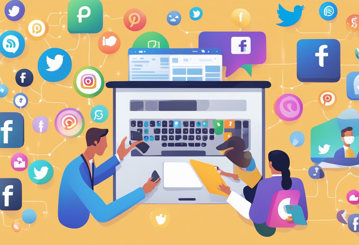 A person typing on a keyboard with social media icons floating around them