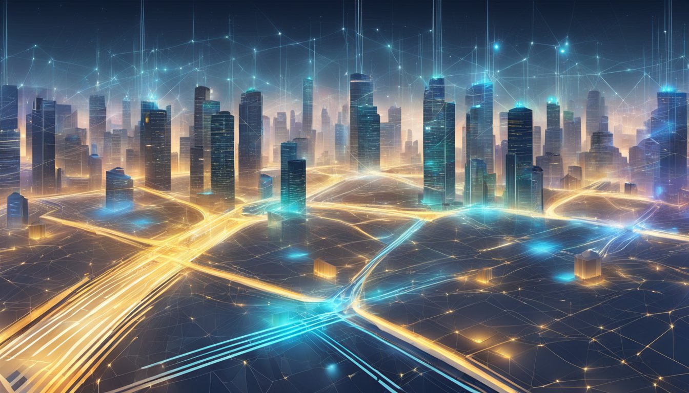 En futuristisk bylandskap med sammenkoblede digitale nettverk og teknologihuber