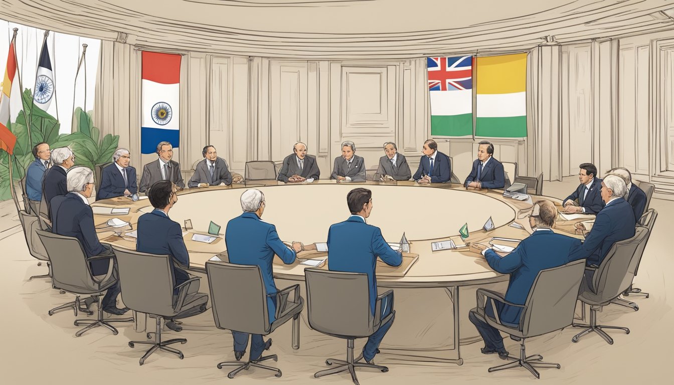 A table surrounded by flags from different countries, with diplomats engaged in discussions and exchanging ideas