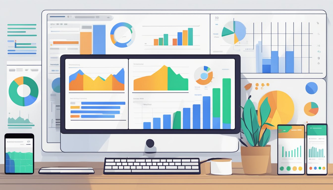 A computer screen displays Google Search Console with various data and charts, showing search performance and improvements