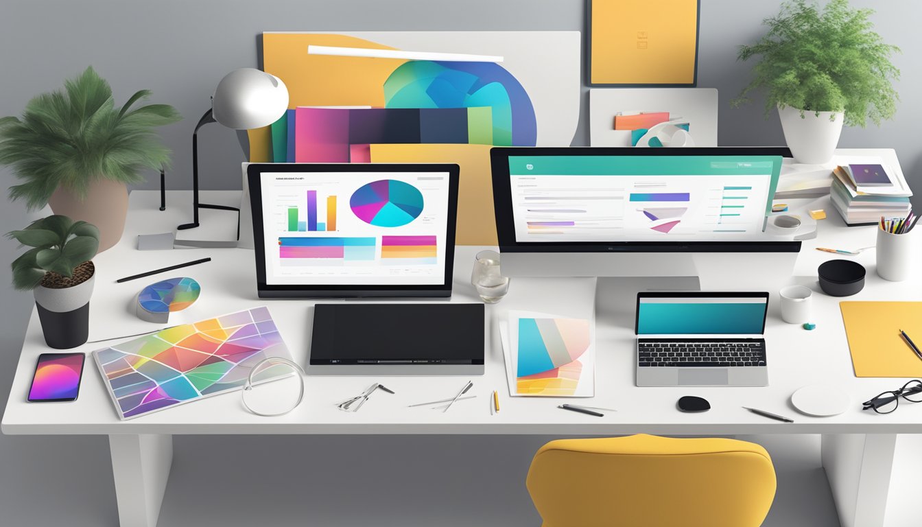 A portfolio of graphic design work displayed on a sleek, modern desk with various printed materials and digital devices