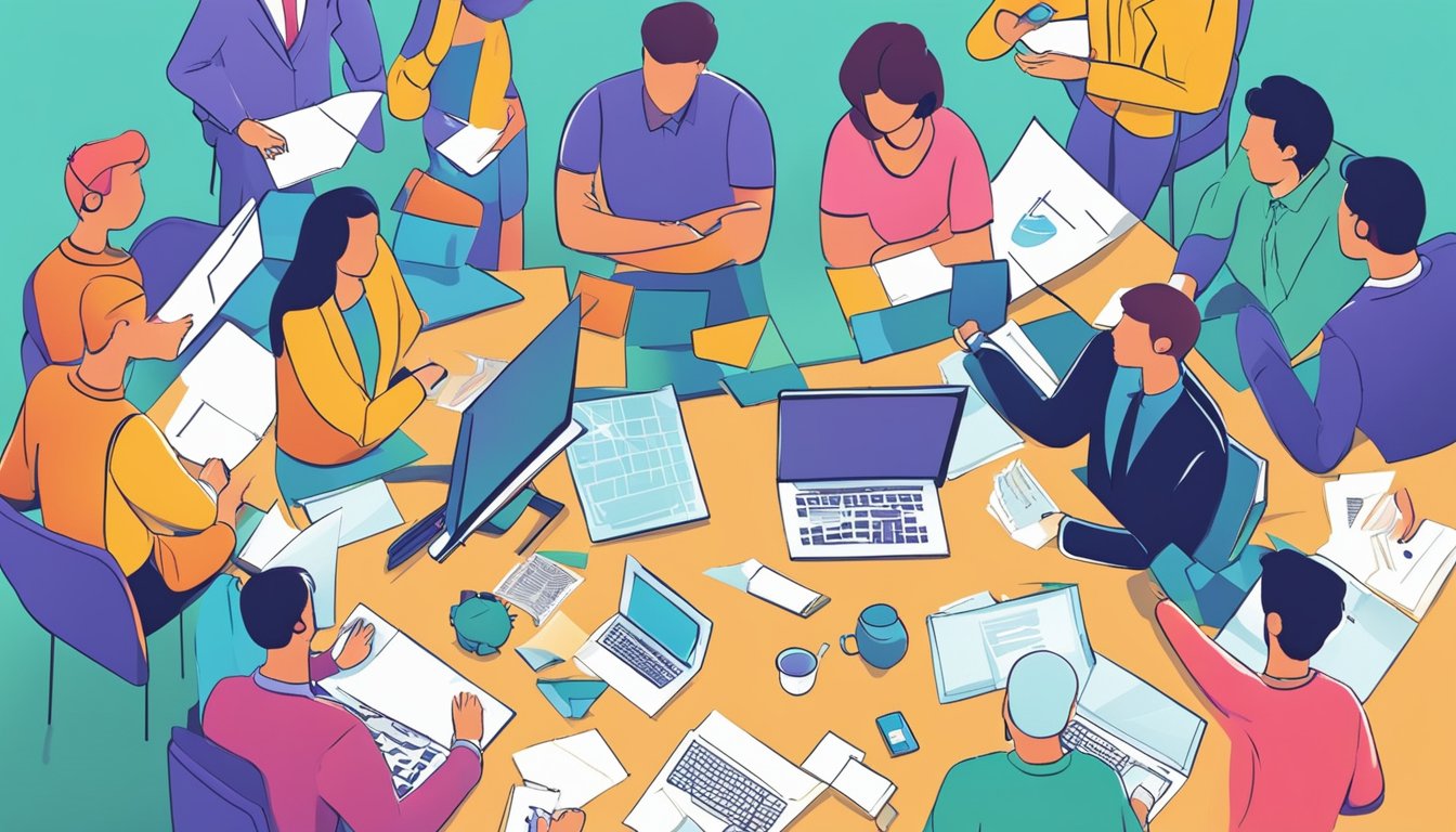 A group of people and external supporters collaborating on innovation, with a focus on teamwork and creativity