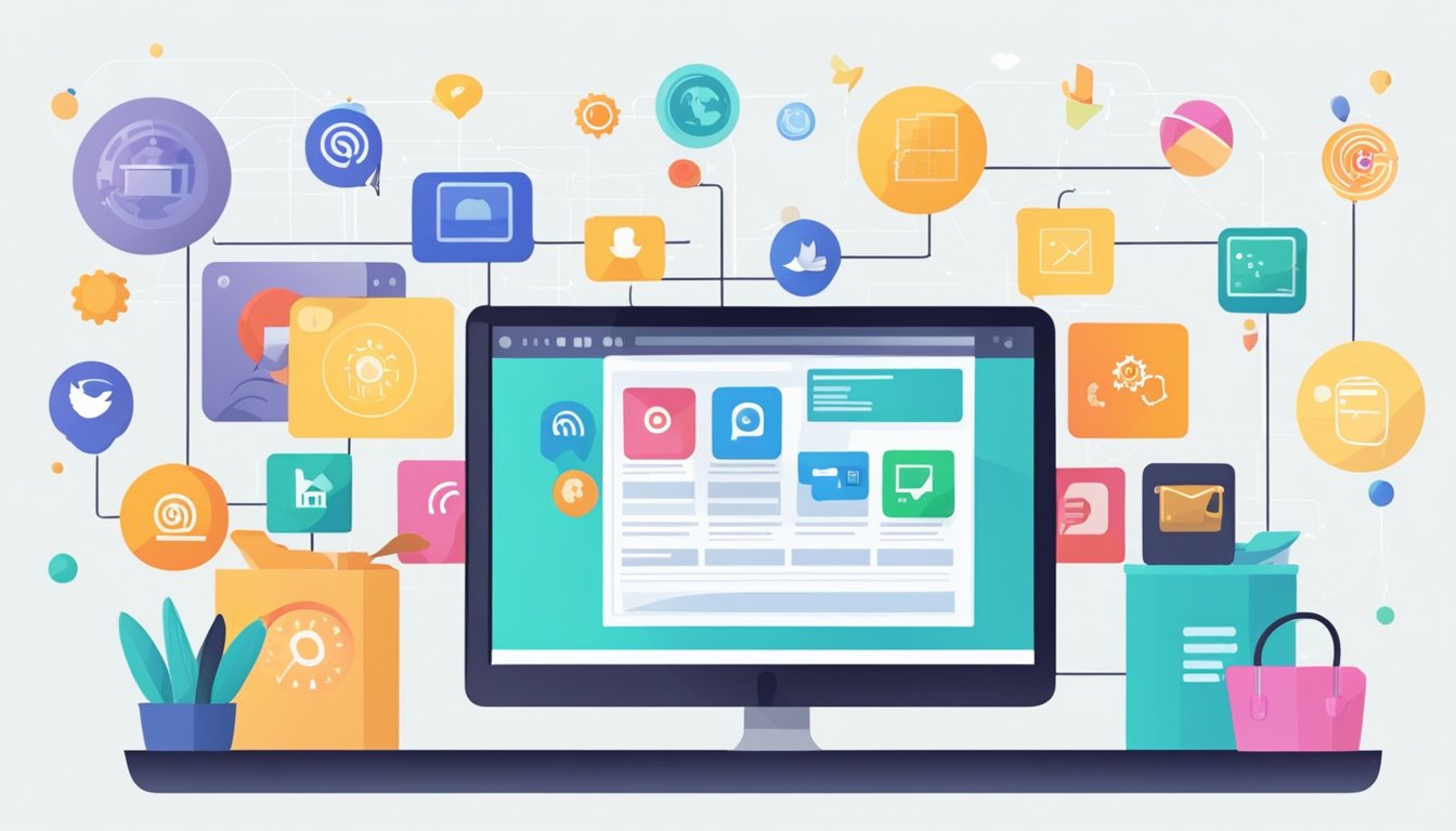 A computer screen displaying a digital marketing campaign for businesses, with various social media icons and graphs showing engagement and reach