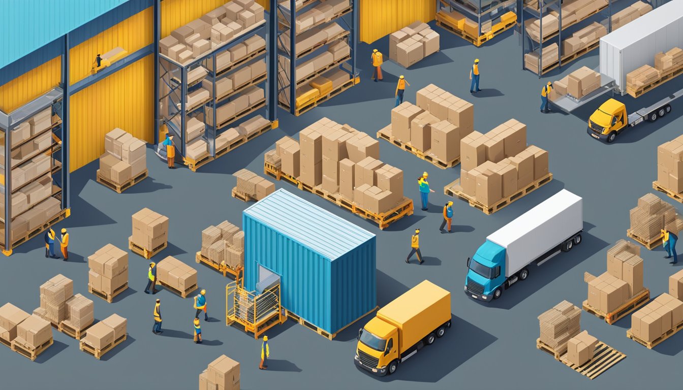 A distribution center with shelves stocked with products, workers moving pallets, and trucks being loaded for delivery