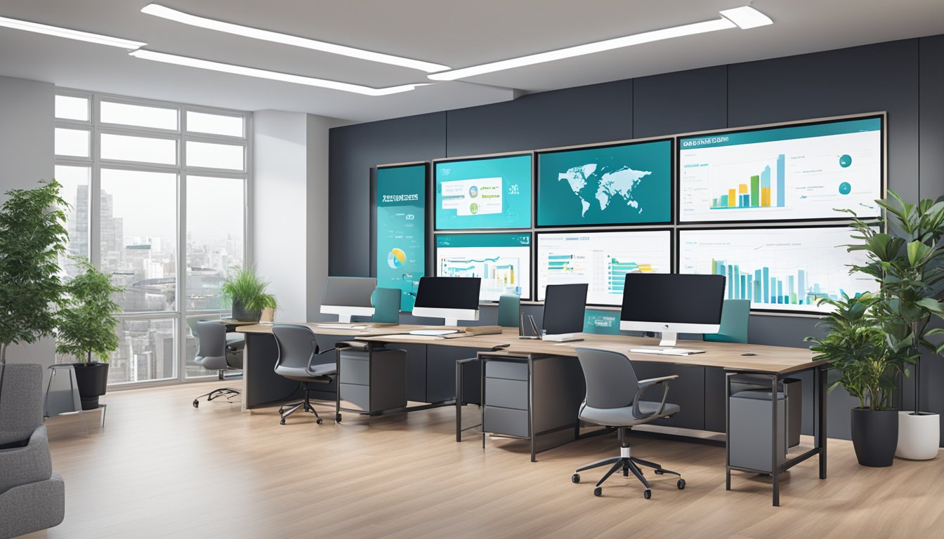 A modern office space with sleek furniture and digital screens displaying marketing data, with a logo of "Digitale Strategier" on the wall