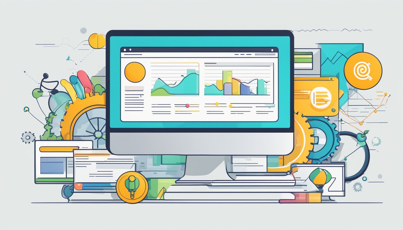 A computer screen showing a website with various hyperlinks, surrounded by SEO tools and graphs