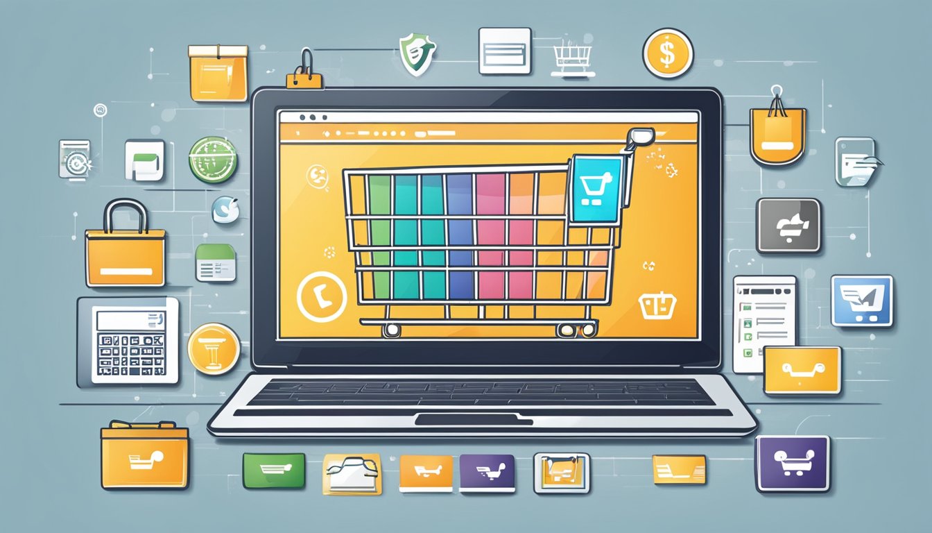 A computer screen displaying an online sales and e-commerce website with various products, a shopping cart icon, and a secure payment symbol