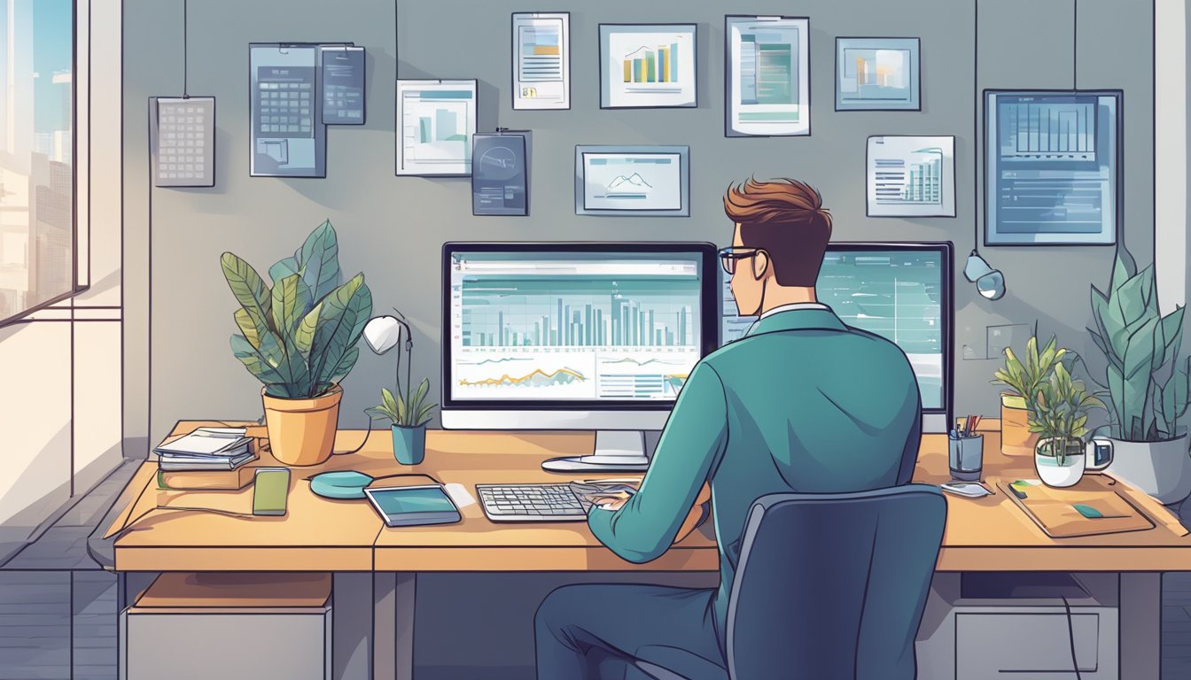 En digital forretningsutvikler som analyserer data på en datamaskin, omgitt av diagrammer og grafer, med en smarttelefon og nettbrett på skrivebordet