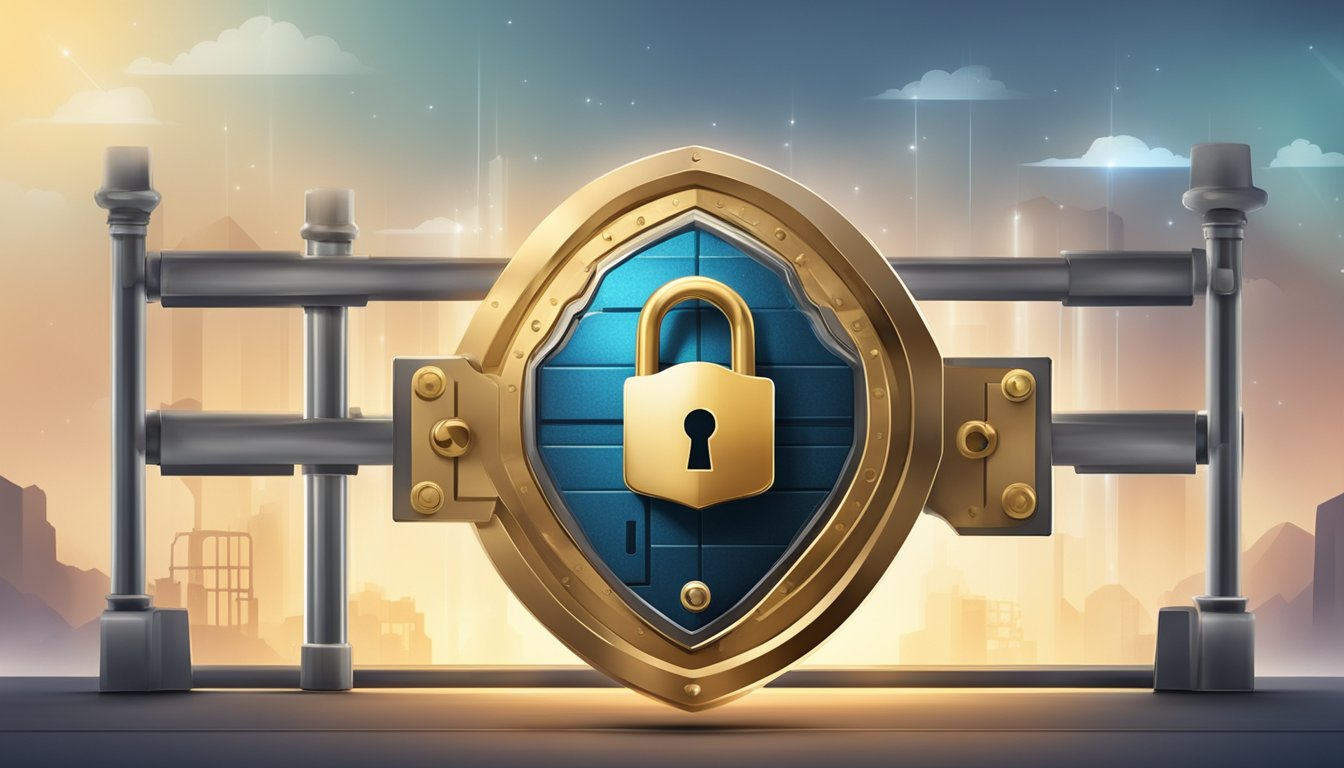 A secure and reliable website with a padlock icon and shield symbol, surrounded by a digital lock and key, with a background of a strong and stable structure