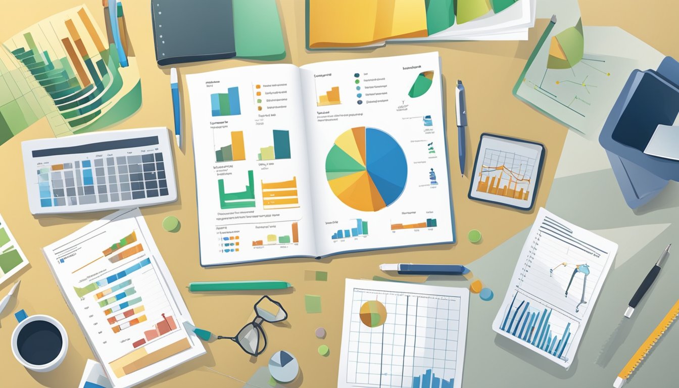 A table with charts, graphs, and marketing materials laid out for evaluation and measurement