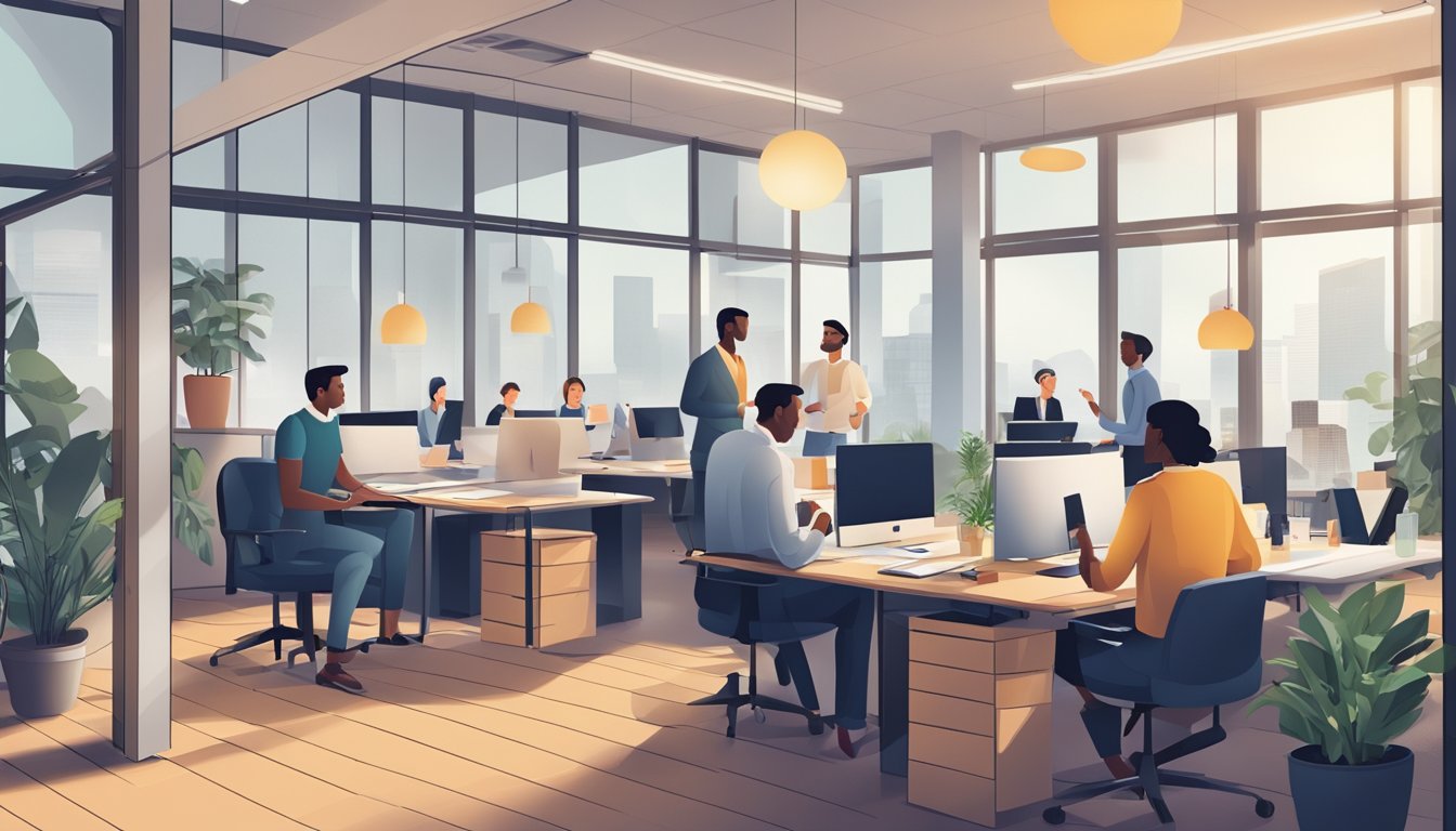 A busy office with employees collaborating on marketing strategies and interacting with clients. The atmosphere is professional yet friendly, with a focus on building strong relationships