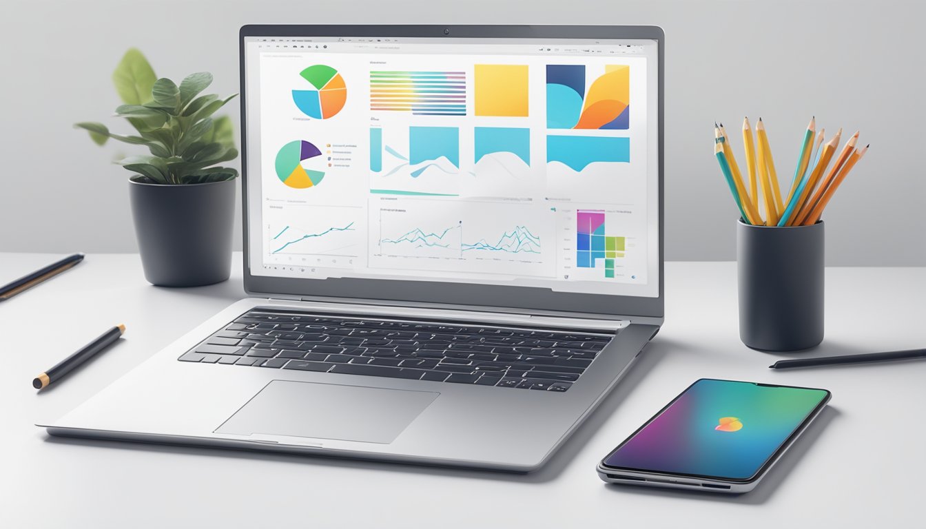 A modern, sleek laptop sits on a clean, white desk with a pencil and sketchbook nearby. The laptop screen displays a creative and innovative logo design for startups
