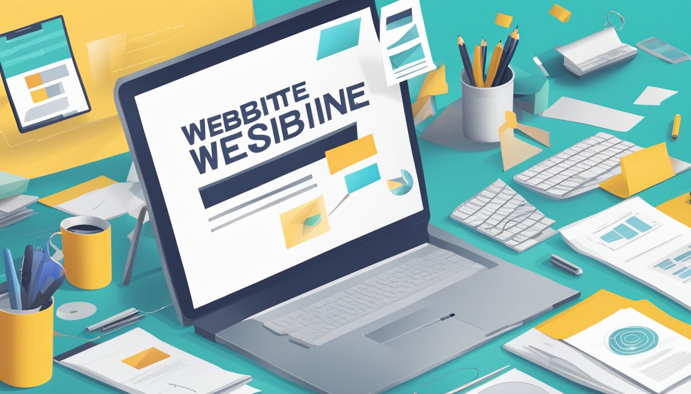 A computer screen displaying a new website design with marketing materials scattered around, a brainstorming session in progress