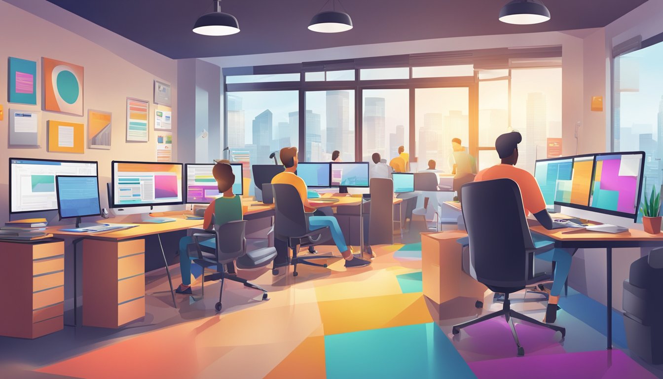 A bustling marketing agency office with colorful posters, computer screens, and brainstorming sessions