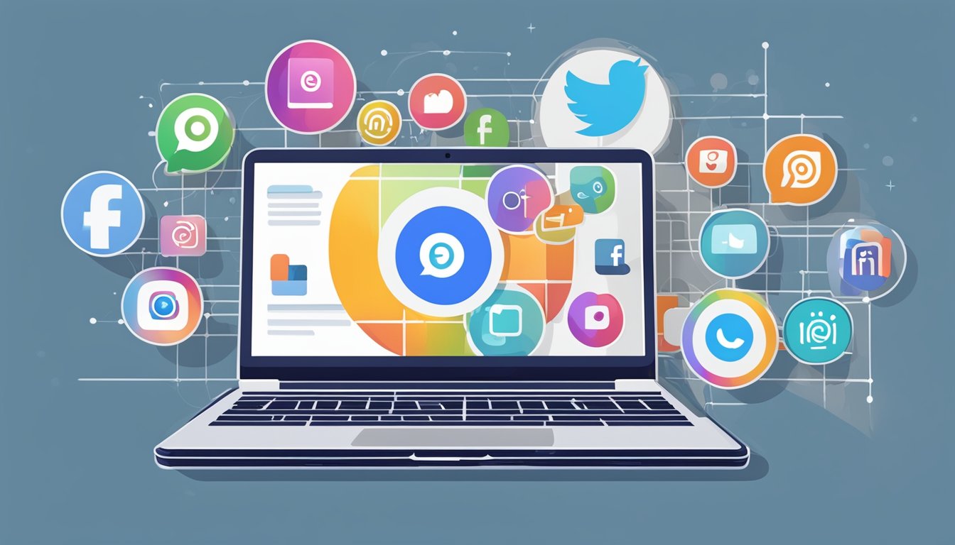 A laptop displaying various social media icons, a smartphone with a digital marketing app, and a graph showing increased online engagement