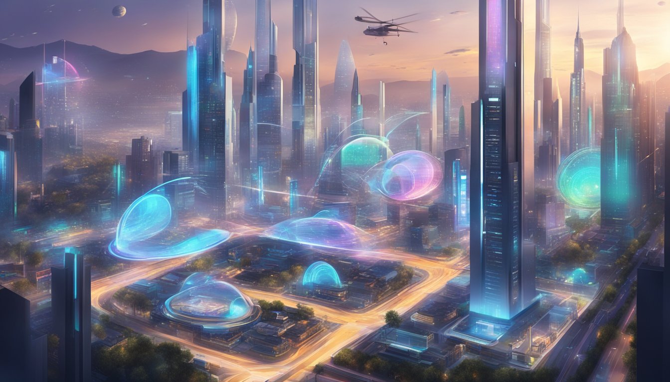 A futuristic cityscape with holographic advertisements and sleek, innovative marketing technology
