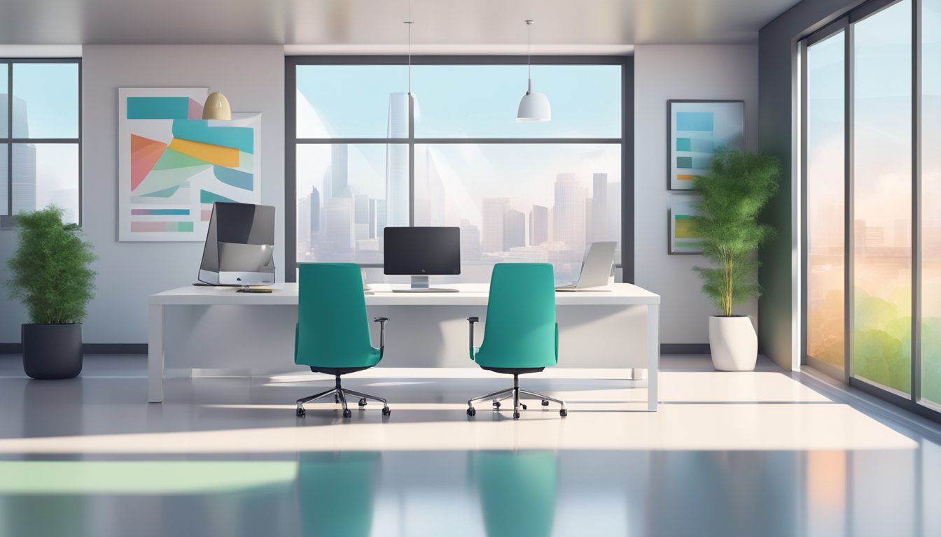 A modern office with a sleek logo on the door, bright and inviting. A stack of colorful brochures on a polished table. Bright, professional atmosphere