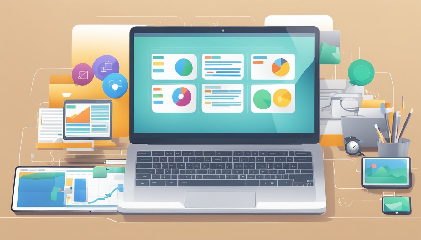 A laptop displaying digital marketing strategies with various technology devices around it
